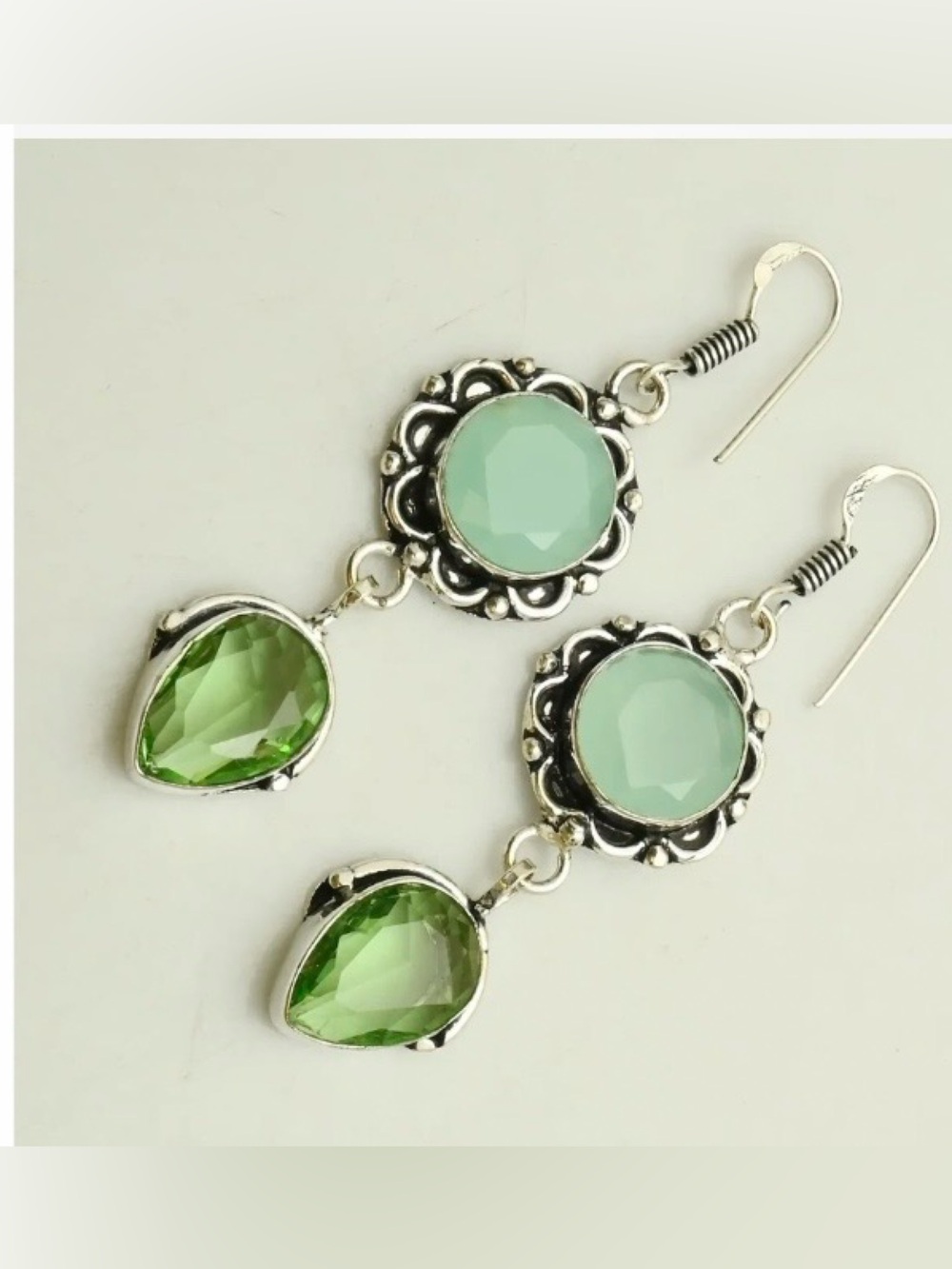 Beautiful, 2 inch, 925 marked, Chalcedony and Peridot earrings .
